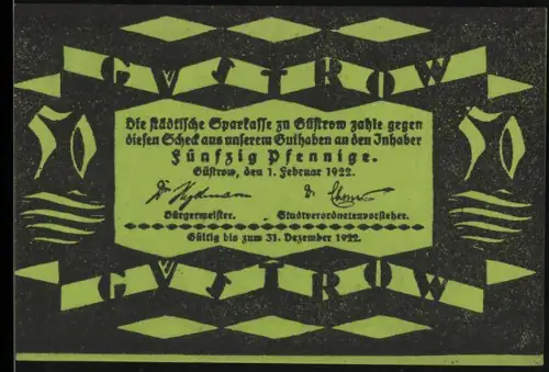 Notgeld Güstrow 1922, 50 Pfennig, geometrisches Muster und Gebäudeillustration