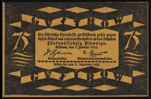 Notgeld Güstrow 1922, 75 Pfennig, Schlossansicht und abstrakte Muster
