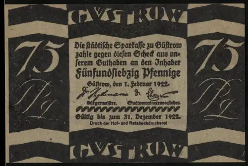 Notgeld Güstrow 1922, 75 Pfennig, Stier und Eichenblätter-Motiv