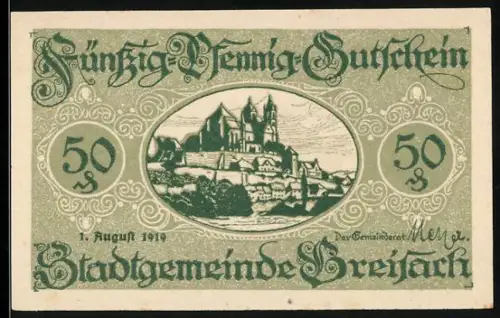 Notgeld Breisach 1919, 50 Pfennig, Ortsansicht mit Burg und Ornamenten