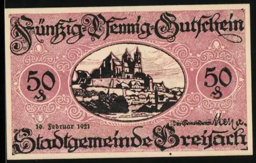 Notgeld Breisach 1921, 50 Pfennig, Darstellung einer Burg auf einem Hügel