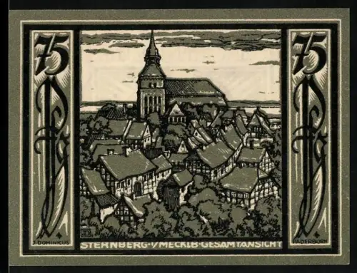 Notgeld Sternberg, 75 Pfennig, Ortsansicht und Stieremblem mit Stern und Inschrift