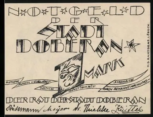 Notgeld Doberan, 1 Mark, Zeichnung mit Tieren und religiöser Figur