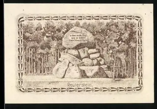 Notgeld Dömitz 1921, 10 Pfennig, Reuterstein vor Wald und Porträt