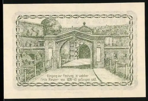 Notgeld Dömitz 1921, 50 Pfennig, Porträt von Fritz Reuter und Festungseingang