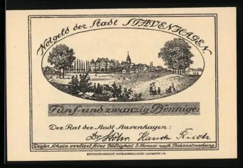 Notgeld Stavenhagen, 25 Pfennig, Ortsansicht und trinkende Figuren am Tisch