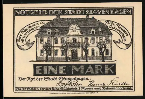 Notgeld Stavenhagen, 1 Mark, Rathaus und Porträt von Fritz Reuter mit Blumenornamenten