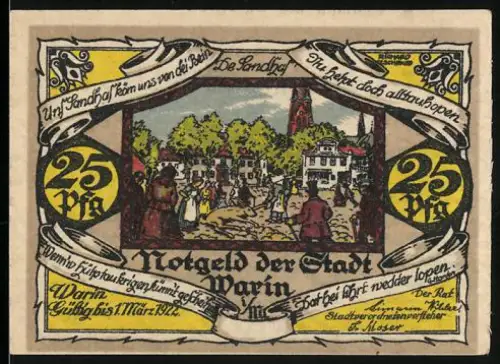 Notgeld Warin i. M. 1921, 25 Pf, Marktszene und Stadtwappen mit zwei Schlüsseln