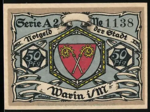Notgeld Warin i. M., 50 Pfennig, Wappen mit gekreuzten Schlüsseln und Brücke über Flussufer