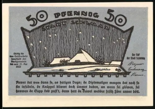 Notgeld Schwaan 1922, 50 Pfennig, Sternenhimmel über Landschaft und Kirche mit Bäumen