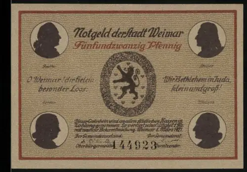 Notgeld Weimar, 1921, 25 Pfennig, Silhouetten und Goethes Gartenhaus im Park