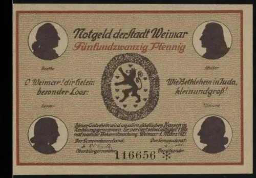 Notgeld Weimar, 1921, 25 Pfennig, Silhouetten von Dichtern und Schillerhaus-Motiv