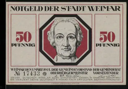Notgeld Weimar 1921, 50 Pfennig, Porträt und symbolische Darstellung des Lebenszyklus