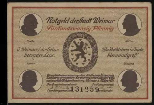 Notgeld Weimar 1921, 25 Pfennig, Goethe-Schiller-Denkmal und Theater, Dichter-Silhouetten, Wappen mit Löwe