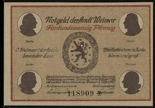 Notgeld Weimar, 1921, 25 Pfennig, Silhouetten und Goethes Gartenhaus im Park