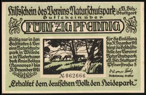 Notgeld Stuttgart 1921, 50 Pfennig, Landschaft mit Kühen und prähistorische Szene mit Jäger