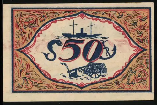 Notgeld Bremerhaven 1921, 50 Pfennig, Schiffe und Mann mit grüner Jacke