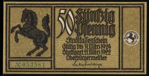 Notgeld Stuttgart 1922, 50 Pfennig, springendes Pferd und Kerkerlaichrichterturm um 1700