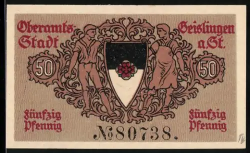 Notgeld Geislingen 1918, 50 Pfennig, Wappen mit Figuren und florale Muster