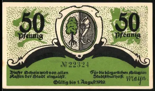 Notgeld Friedrichshafen 1920, 50 Pfennig, Zeppelin über Ortsansicht, Wappen mit Baum und Horn