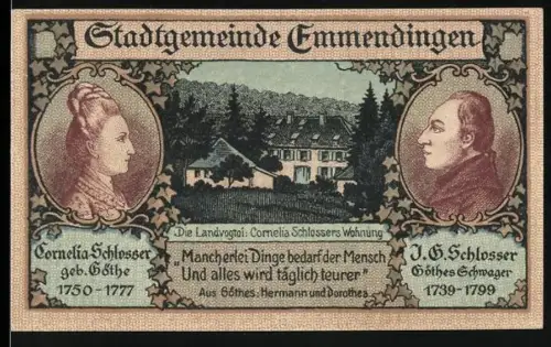 Notgeld Emmendingen 1921, 50 Pfennig, Goethe-Verwandte und Landschaftsmotiv