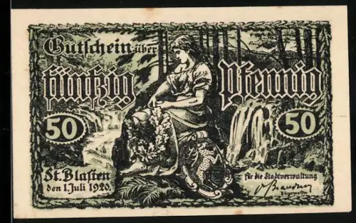Notgeld St. Blasien 1920, 50 Pfennig, Frau mit Wasserfall und Ortsansicht im Wald