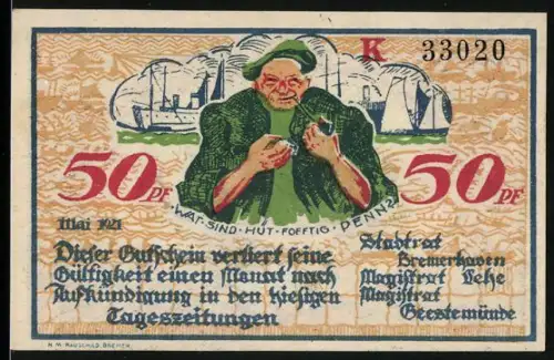 Notgeld Bremerhaven 1921, 50 Pfennig, Seemann mit Schiffen und Anker, Pflug und Schiffsmotiv