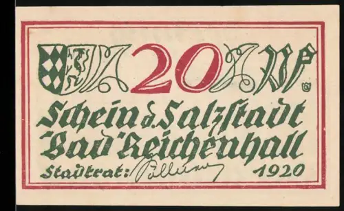 Notgeld Bad Reichenhall 1920, 20 Pfennig, Pferdekutsche mit Salzsäcken, Wappen