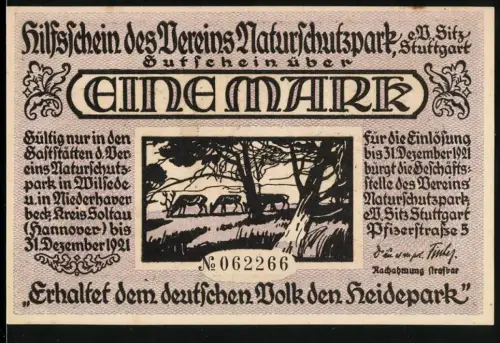 Notgeld Stuttgart 1921, 1 Mark, Naturpark mit Hirschen und Reiterzug von Karl dem Grossen