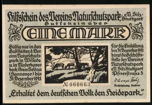 Notgeld Stuttgart 1921, 1 Mark, Rehe im Wald und wilde Jagd am Wilseder Berg 1692