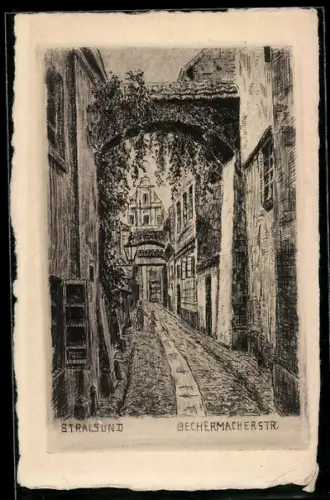 Künstler-AK Stralsund, alte Häuser in der Bechermacherstrasse