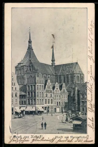 AK Rostock, Markt mit Marienkirche