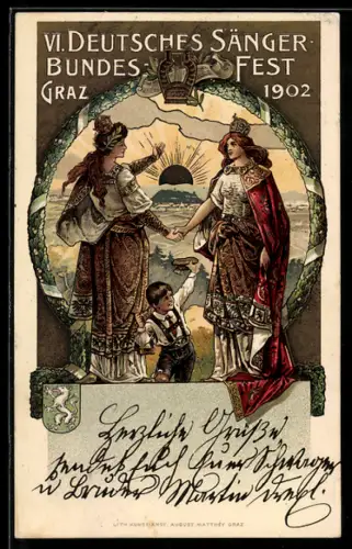 AK Graz, VI. Deutsches Sänger-Bundesfest 1902, zwei Königinnen reichen sich die Hände, Jugendstil