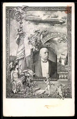 AK Stuttgart, Portrait des Grafen Zeppelin, das Luftschiff in den Wolken