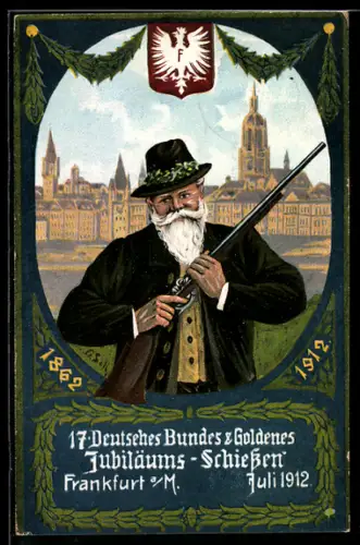 AK Frankfurt a. M., 17. Dt. Bundes- und Gold. Jubiläumsschiessen 1912, Älterer Schütze mit Gewehr, Stadtteilansicht