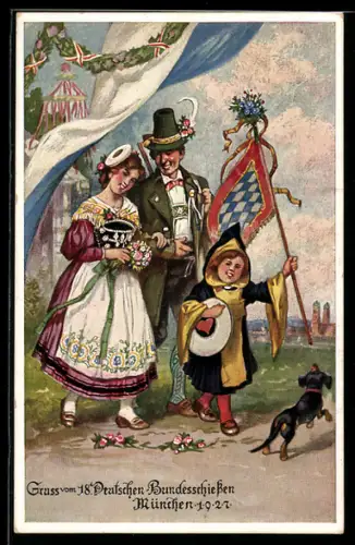 AK München, 18. deutsches Bundesschiessen 1927, Münchner Kindl hält Flagge hoch