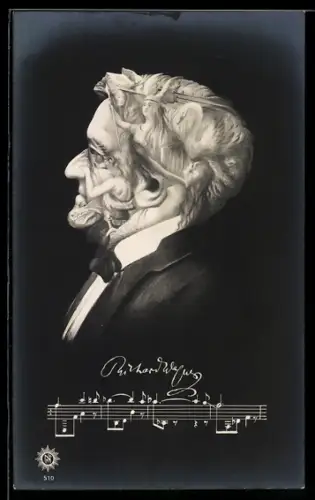 AK Richard Wagner im Profil, Kopf besteht aus Walkyren