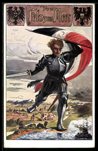 Künstler-AK sign. Rudolf Köselitz: Vom Fels zum Meer, Wehrhafter Ritter mit deutscher Fahne