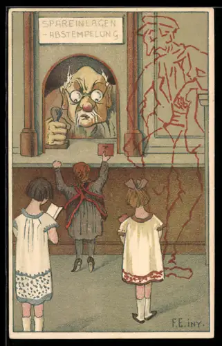 Künstler-AK Kinder lassen ihre Spareinlagen abstempeln