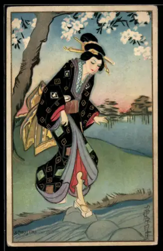 Künstler-AK Carlo Chiostri: Geisha überquert einen Bach