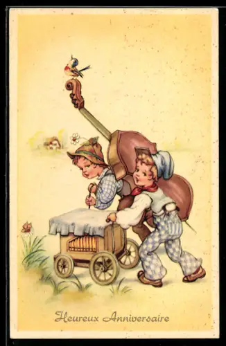 Künstler-AK Buben mit Leierkasten und Kontrabass