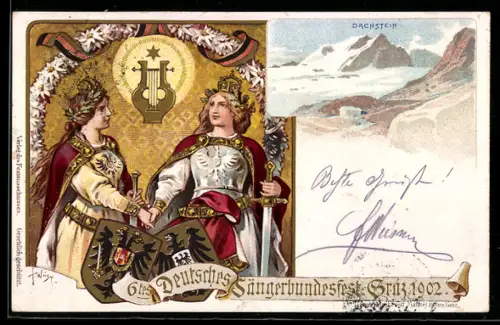 Lithographie Graz, 6. Dt. Sängerbundesfest 1902, Dachstein, Germania, Wappen