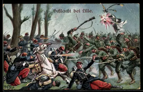 Künstler-AK Deutsche Soldaten in der Schlacht gegen französische Truppen bei Lille