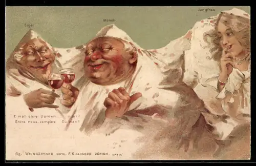 Lithographie Killinger Nr. 114 E mal ohne Damen... Eiger, Mönch & Jungfrau, Berg mit Gesicht / Berggesichter