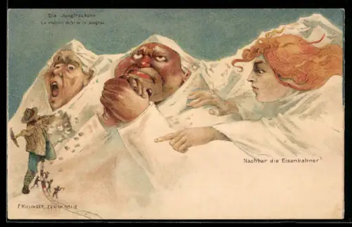 Künstler-AK Killinger Nr.112: Vermenschlichter Eiger, Mönch und Jungfrau, Bergsteiger, Berggesichter