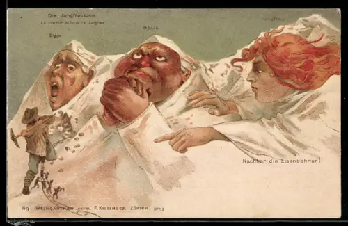 Lithographie Eiger, Mönch und Jungfrau mit der Jungfraubahn, Killinger Nr. 112, Berg mit Gesicht / Berggesichter
