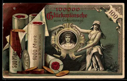 AK Geburtstag, Geldstücke in versiegelten Rollen, Frauenportrait, geknickter Geldschein