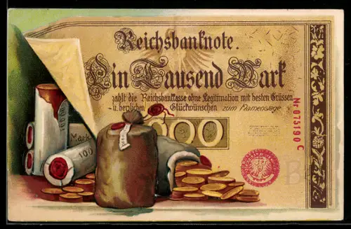 AK Geldmünzen und eine Reichsbanknote Ein Tausend Mark