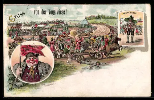 Lithographie Dresden, Volksfest Dresdener Vogelwiese mit Pferderennen und Wurzelsepp