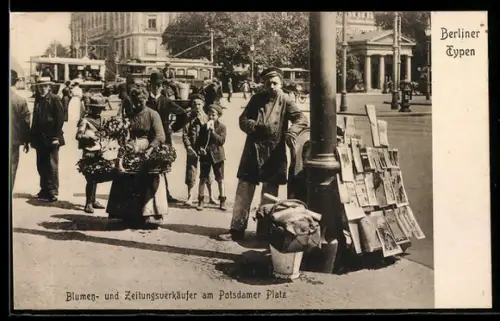 AK Berlin, Blumen- und Zeitungsverkäufer am Potsdamer Platz